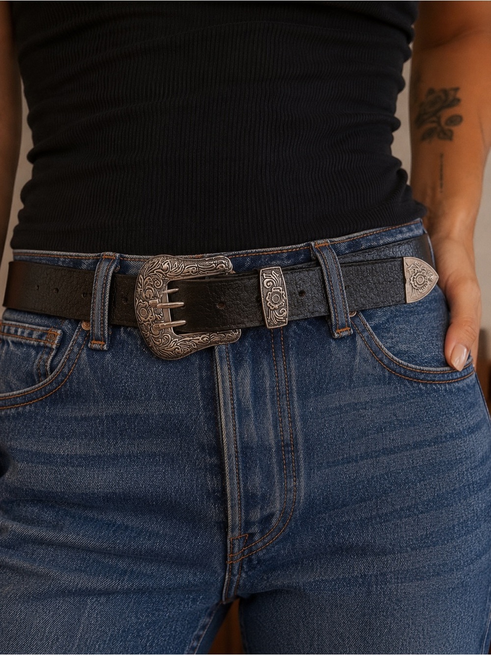 Women's Black Textured Leather Belt with Engraved Silver Buckle